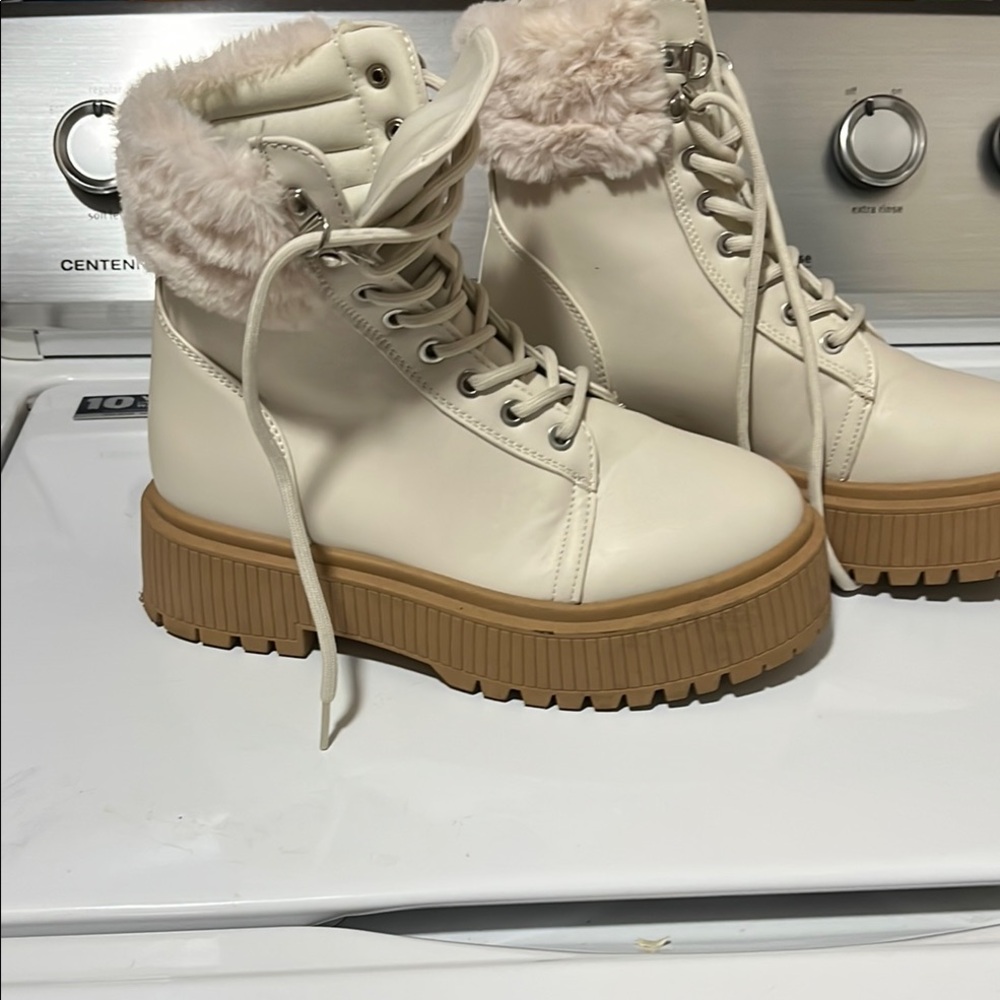 Cream Tan Platform Combat Boots with Chunky Sole